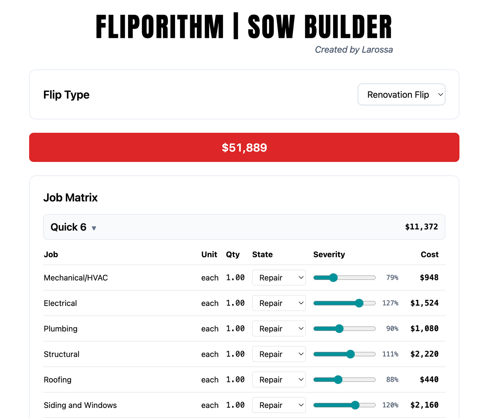 Screenshot of the Fliporithm app. Used to quickly find the scope of work and budget of any house rehab project. For Flippers and Landlords.